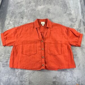 INDUSTRY Women M  Orange 100% Linen Short Sleeve Collared Shirt Grandma Core